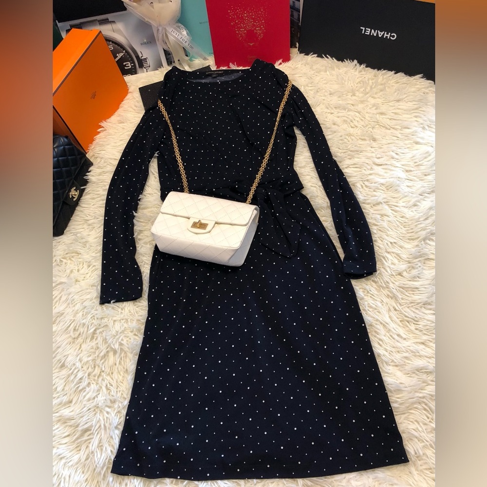 Banana Republic Navy with White Dot Long-Sleeve Tie-Waist Dress (Free Mystery